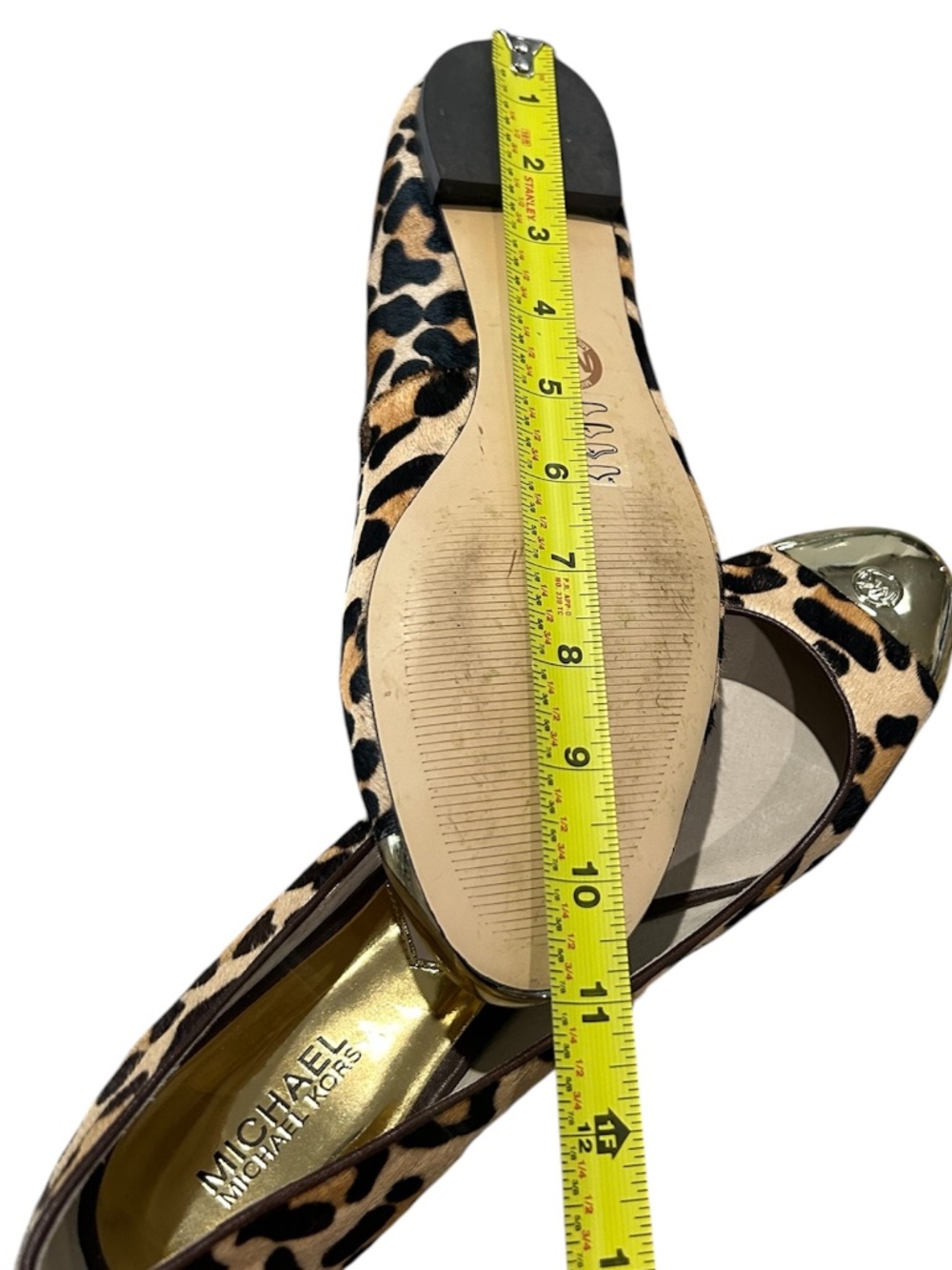 Michael Kors Leopard Print Ballet Flats Sz 10 M Round-toe Gold Tone MK Hardware - Picture 9 of 11